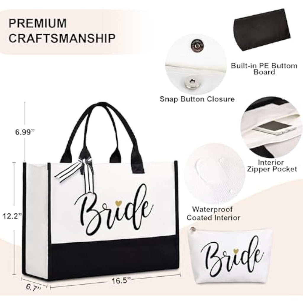 Bride Canvas Tote Bag with Makeup Bag – Black and White
