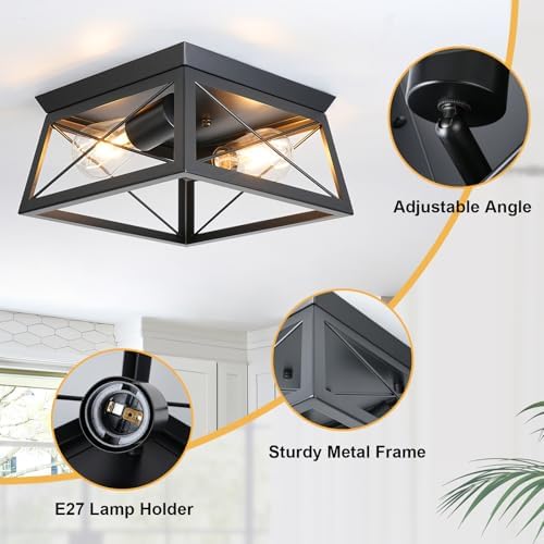 FORCOSO Industrial Flush Mount Ceiling Light – 2-Light Black Metal Cage