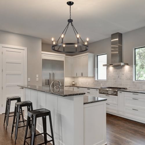 ASHUAQI 8-Light Wagon Wheel Chandelier | Black Modern Farmhouse Light