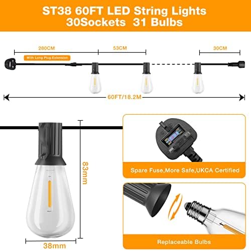 GLUROO 60FT Outdoor Festoon Lights – Waterproof ST38 LED String Lights