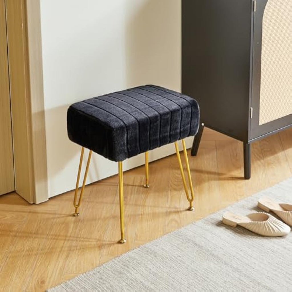 IBUYKE Velvet Rectangular Vanity Stool – Modern Ottoman with Gold Legs