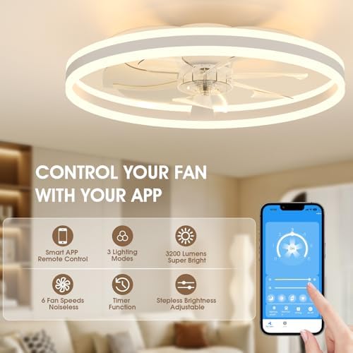 NIORSUN 60cm Smart LED Ceiling Fan with Light | 6-Speed Silent White