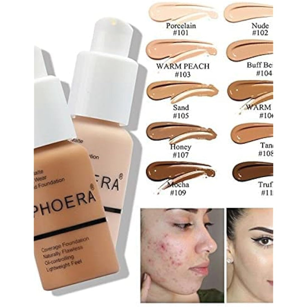 Phoera Full Coverage Liquid Foundation - Matte Oil Control - 102 Nude