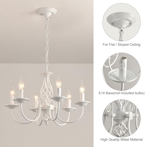 JIINOO French Country 6-Light Chandelier – Rustic White Farmhouse Pendant