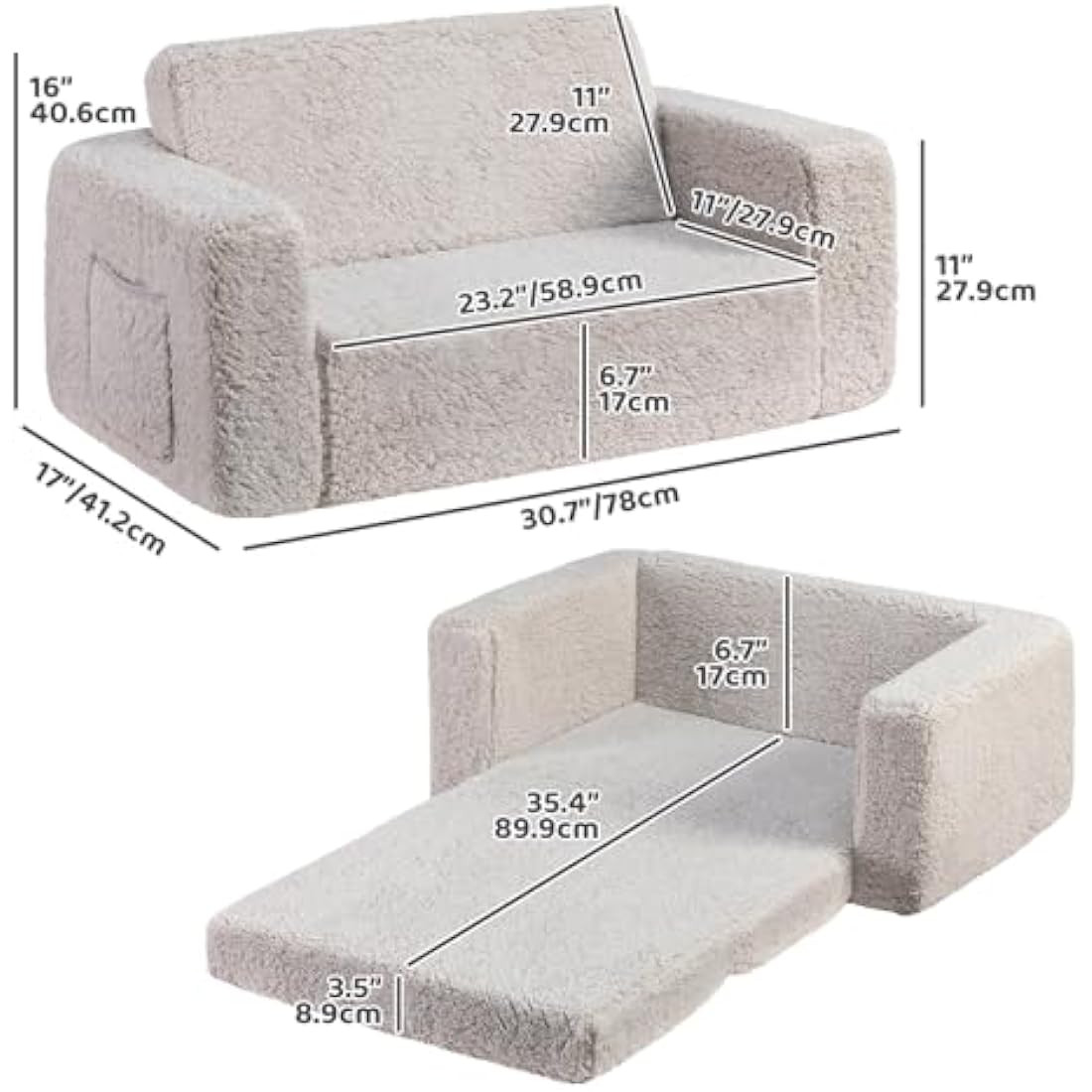 BEJOY Kids Sofa Bed – Extra Wide 2-in-1 Sherpa Toddler Couch, Light Grey