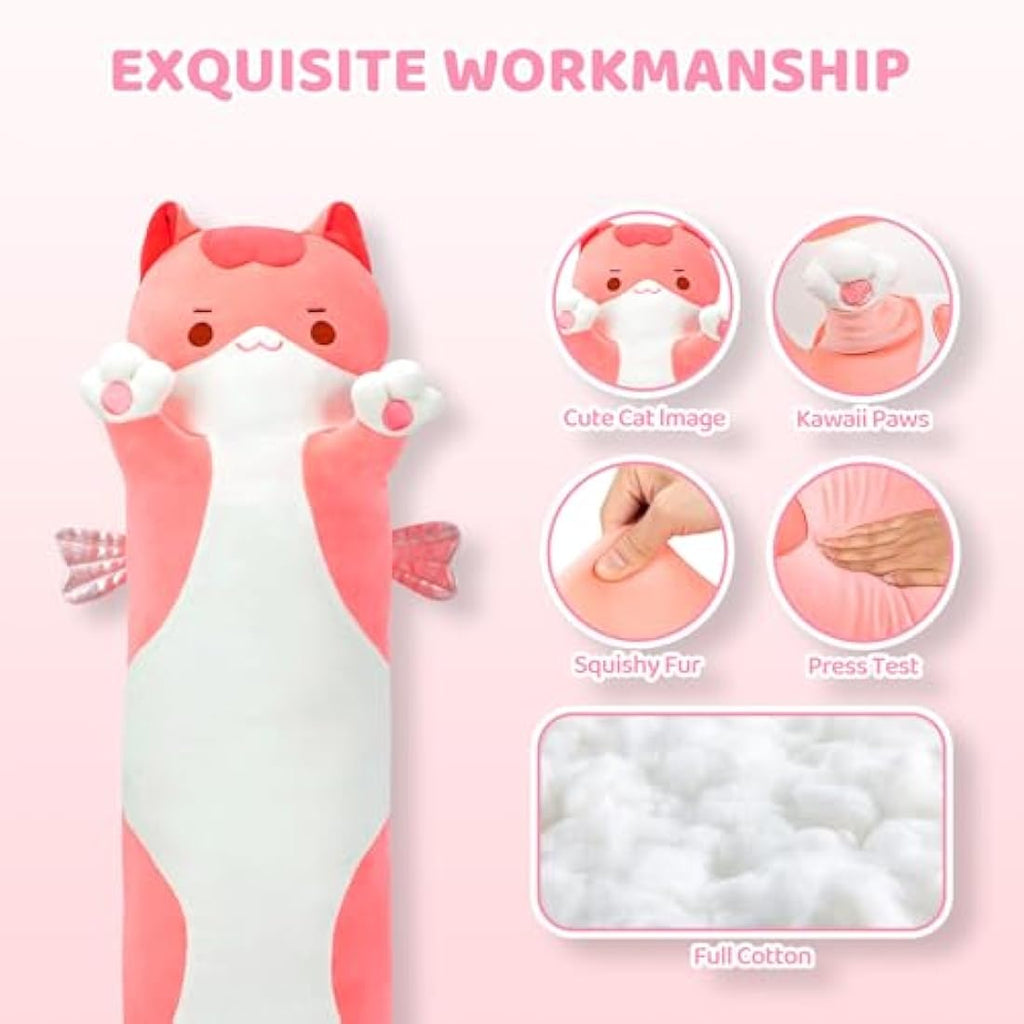Mewaii 28in Long Cat Plush Body Pillow – Pink Kawaii Stuffed Animal