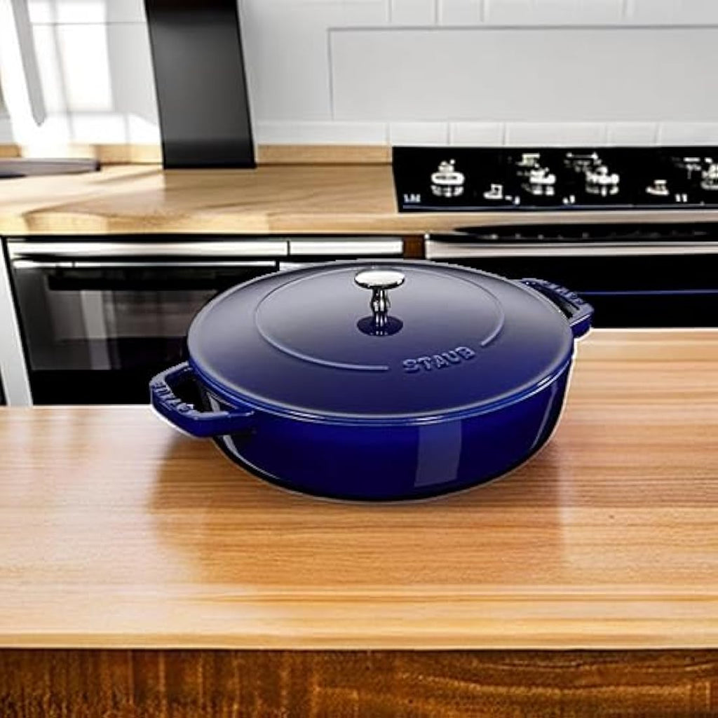 Staub Cast Iron Chistera Sauté Pan - Dark Blue Enamelled Cocotte, 28 cm