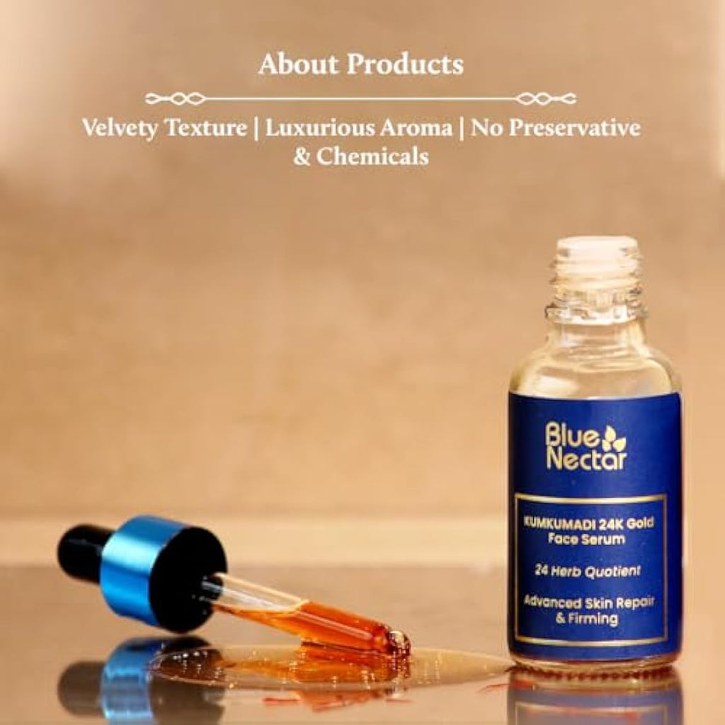 Blue Nectar 24k Gold Serum - Ayurvedic Kumkumadi Face Oil for Glowing Skin