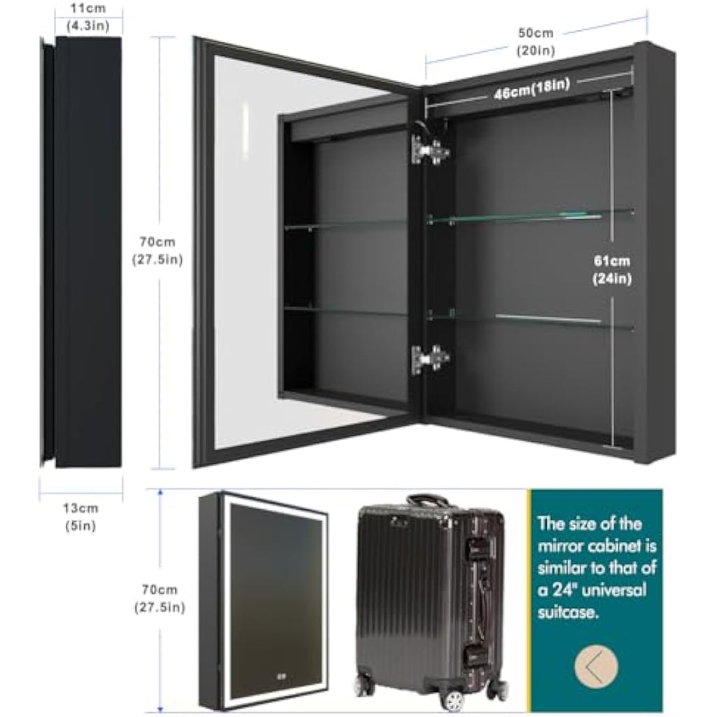 KWW LED Lighted Bathroom Medicine Cabinet | 50x70cm Mirror with Defogger