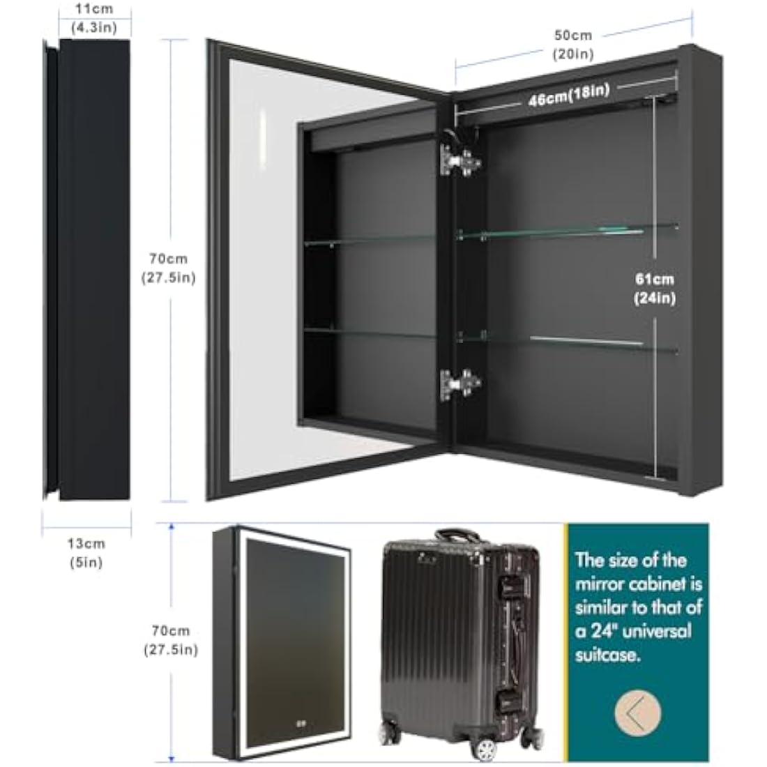 KWW LED Lighted Bathroom Medicine Cabinet | 50x70cm Mirror with Defogger