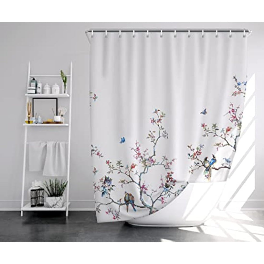 LIVETTY Floral Bird Shower Curtain | 180x180cm Waterproof Fabric with Hooks