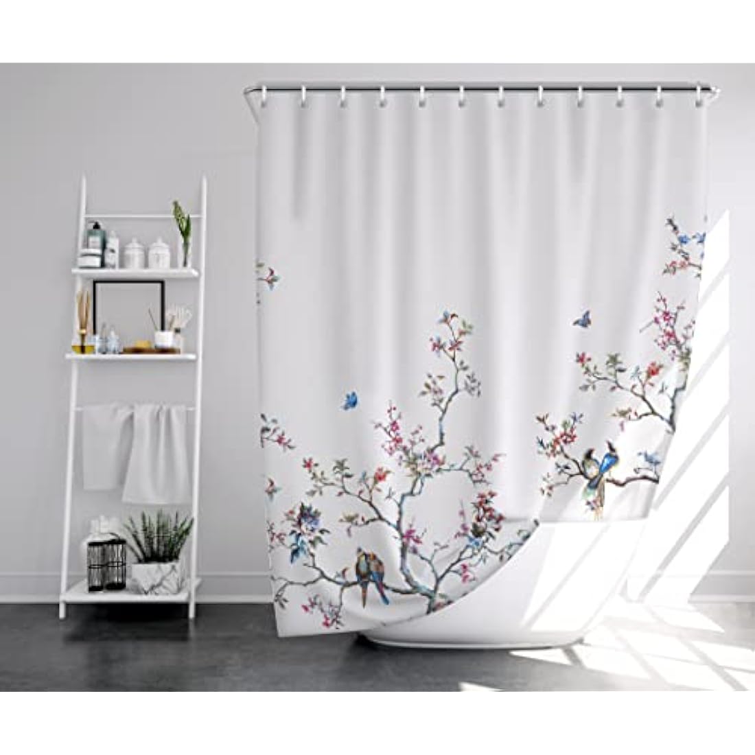 LIVETTY Floral Bird Shower Curtain | 180x180cm Waterproof Fabric with Hooks