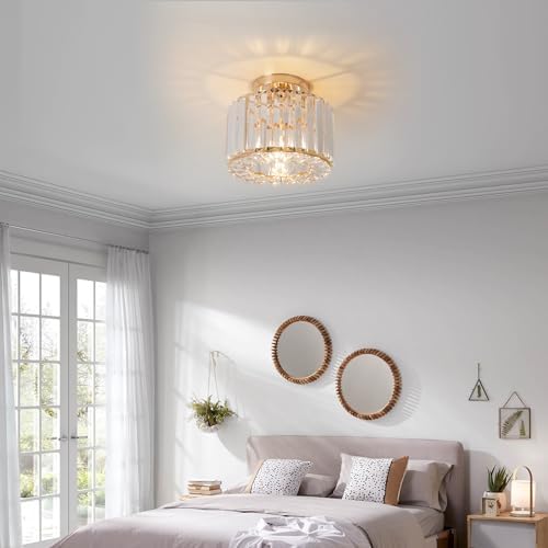Modern Rose Gold Crystal Chandelier Semi Flush Mount Lamp