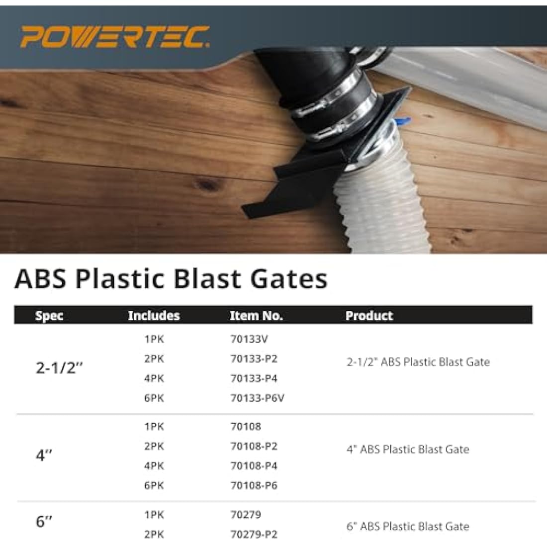 POWERTEC 2-1/2" Blast Gates for Dust Collection, ABS Plastic – 6 Pack