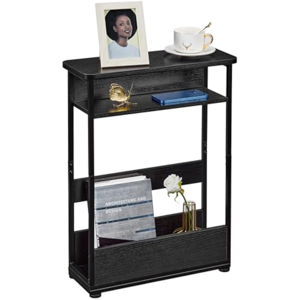 Narrow Side Table – Slim Nightstand with Magazine Rack, Black