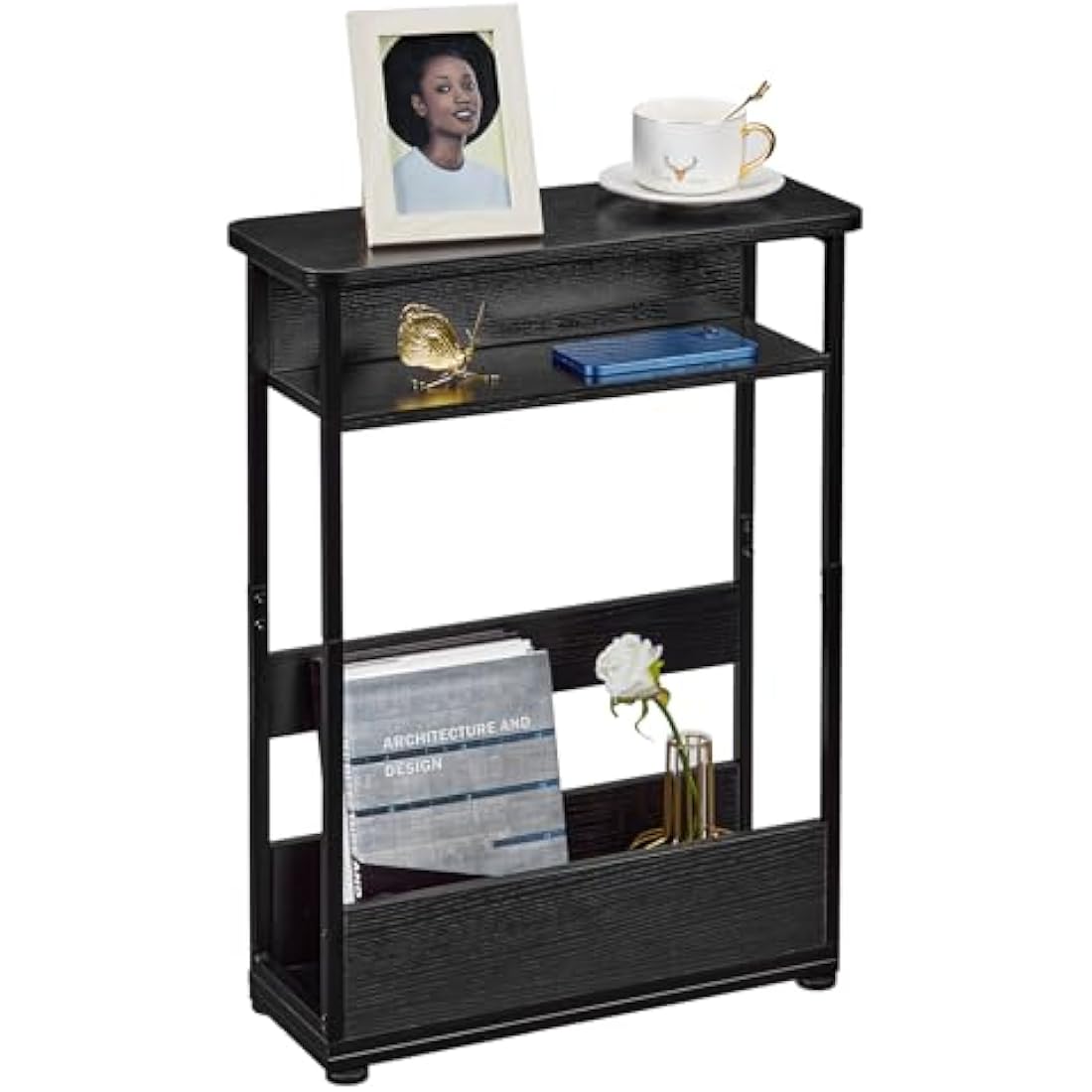 Narrow Side Table – Slim Nightstand with Magazine Rack, Black