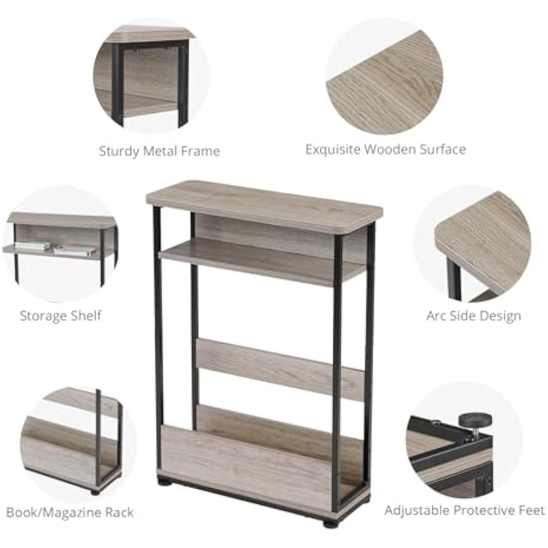 Jolof Store Narrow Side Table – Rustic Oak Nightstand with Magazine Rack