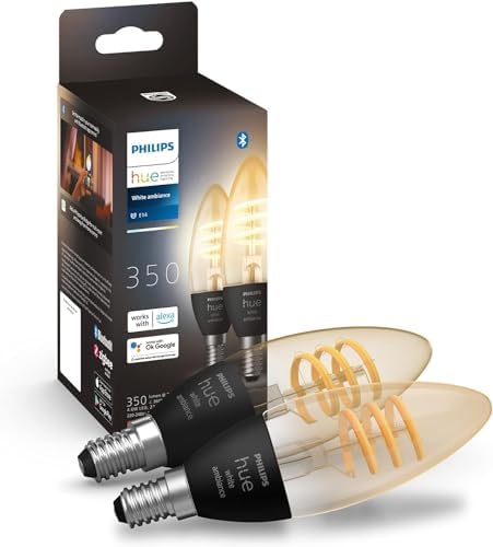 Philips Hue White Ambiance E14 Filament Candle LED Smart Bulb, 2 Pack