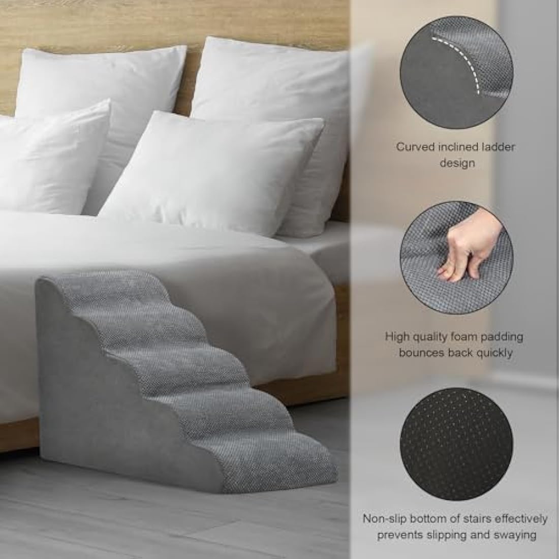 LIANTRAL 5-Step Foam Dog Stairs | Non-Slip Pet Ramp for High Beds, Grey