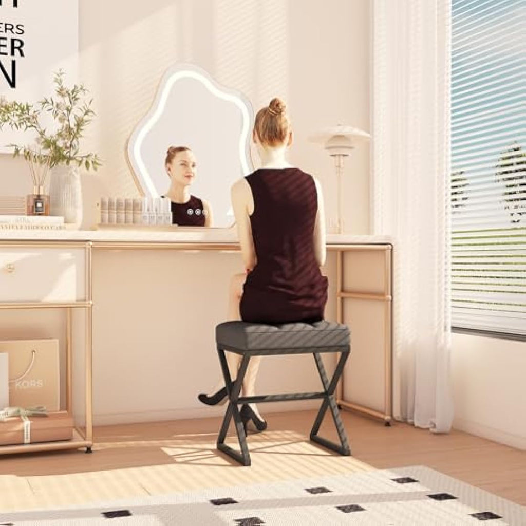 YMYNY Linen Vanity Stool – Square Ottoman Bench with X-Shaped Metal Legs