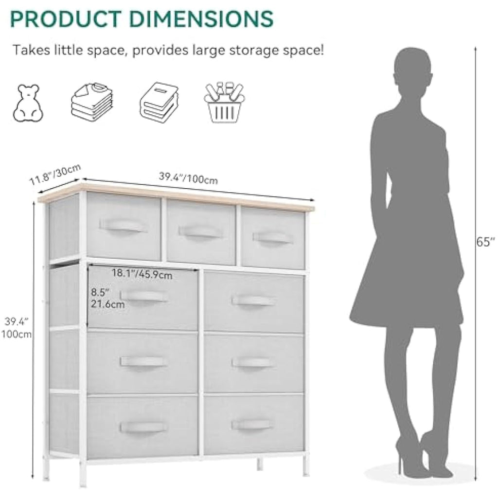 YITAHOME 9-Drawer Fabric Dresser – Wide Storage Chest, Light Grey