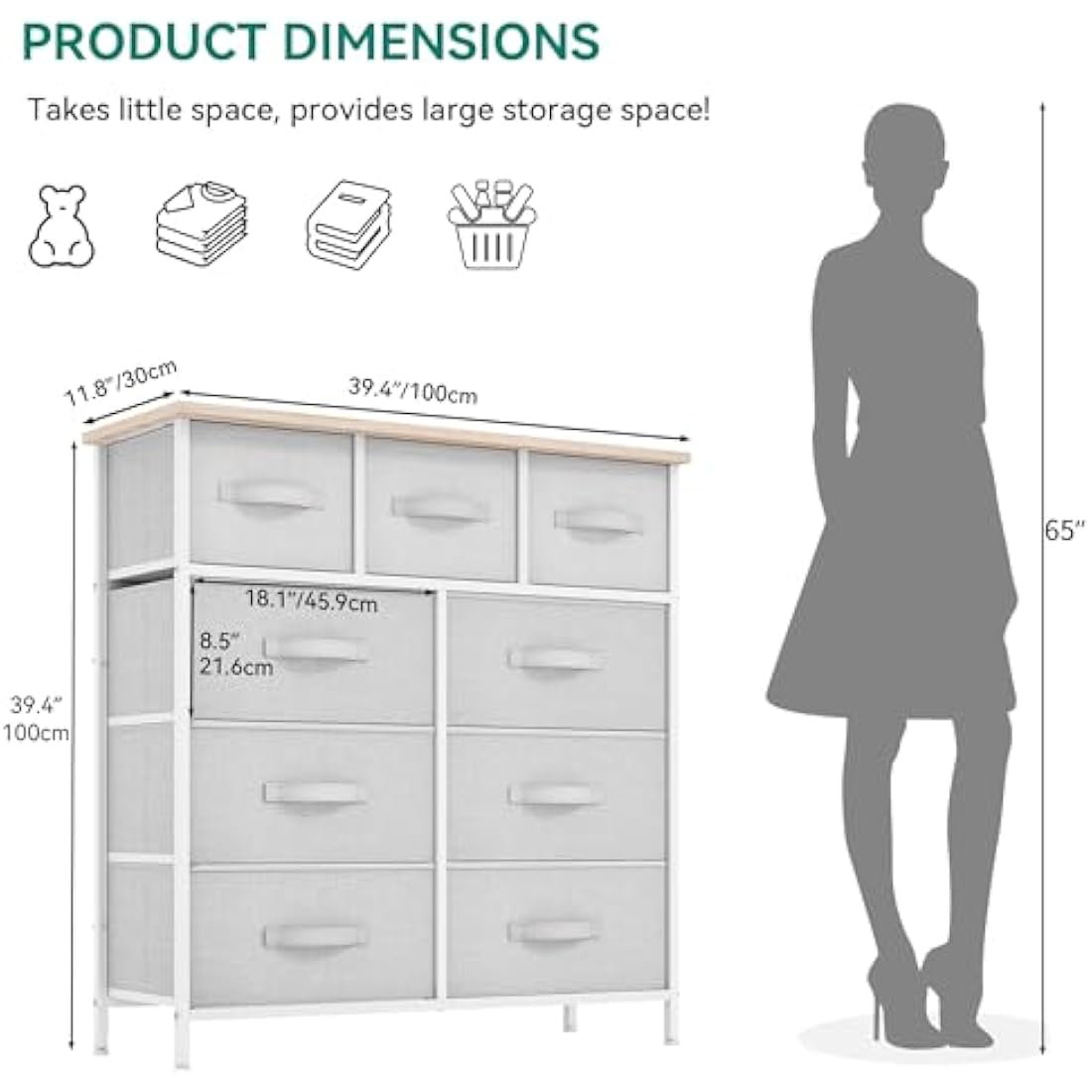 YITAHOME 9-Drawer Fabric Dresser – Wide Storage Chest, Light Grey