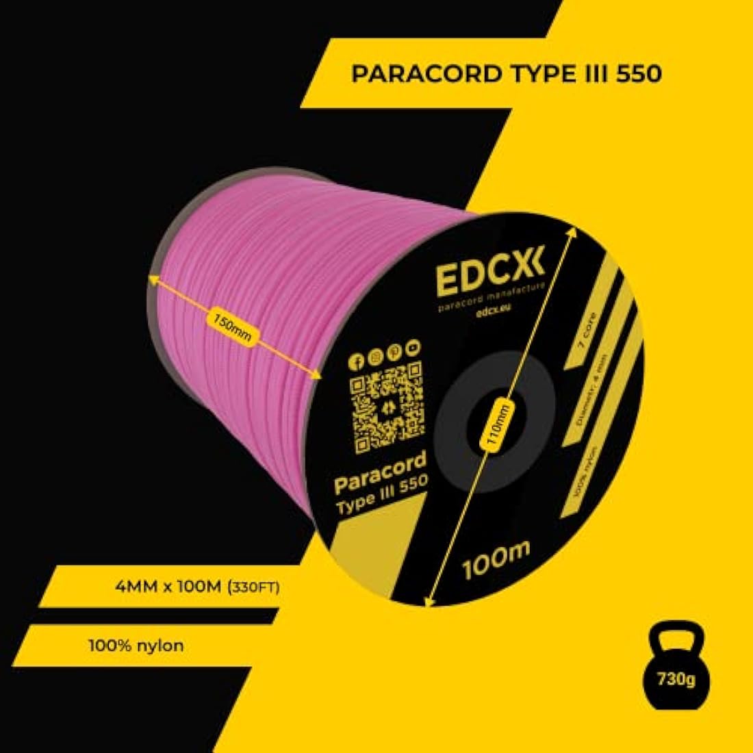 EDCX 550 Paracord Type III – 4mm Nylon Survival Rope for DIY & Camping