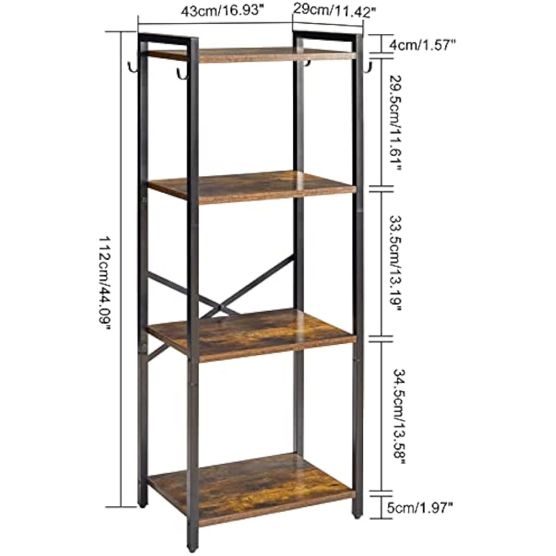 YMYNY 4-Tier Industrial Bookcase – Rustic Brown Storage Rack