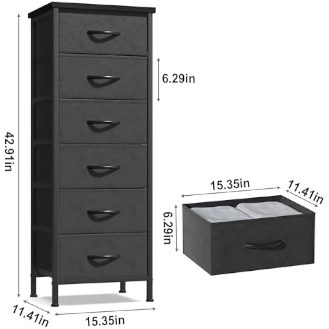 6-Drawer Fabric Dresser – Vertical Chest of Drawers, Black