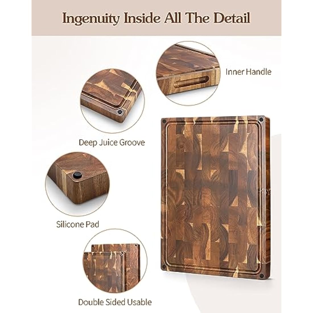 XINZUO Acacia Wood End Grain Cutting Board – Large Reversible Butcher Block