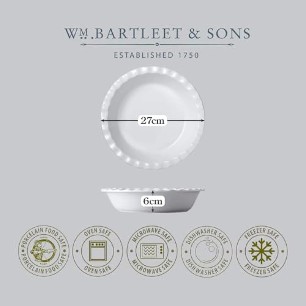 WM Bartleet & Sons White Porcelain Pie Dish – 27cm Crinkle Rim Bakeware
