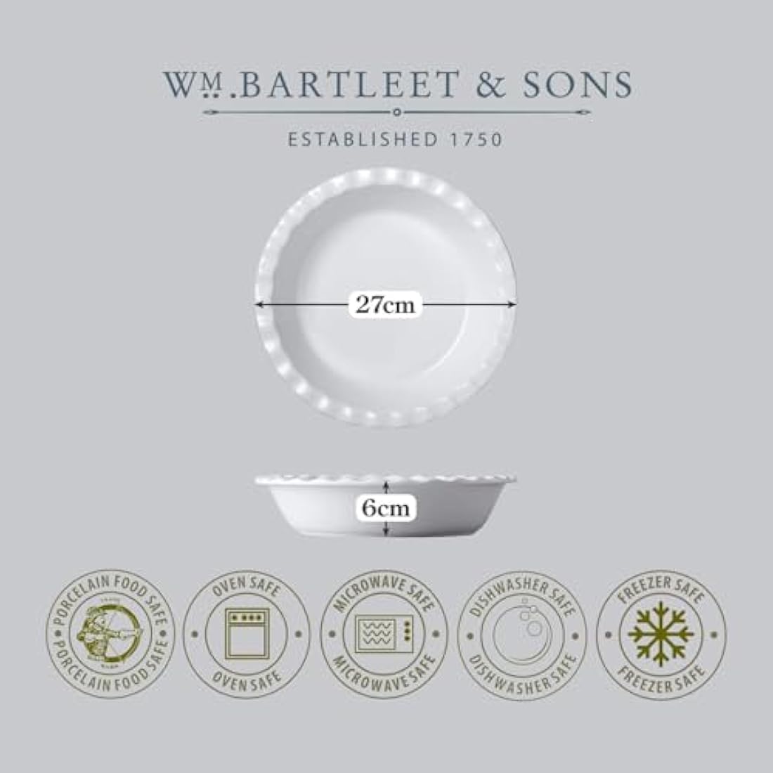 WM Bartleet & Sons White Porcelain Pie Dish – 27cm Crinkle Rim Bakeware