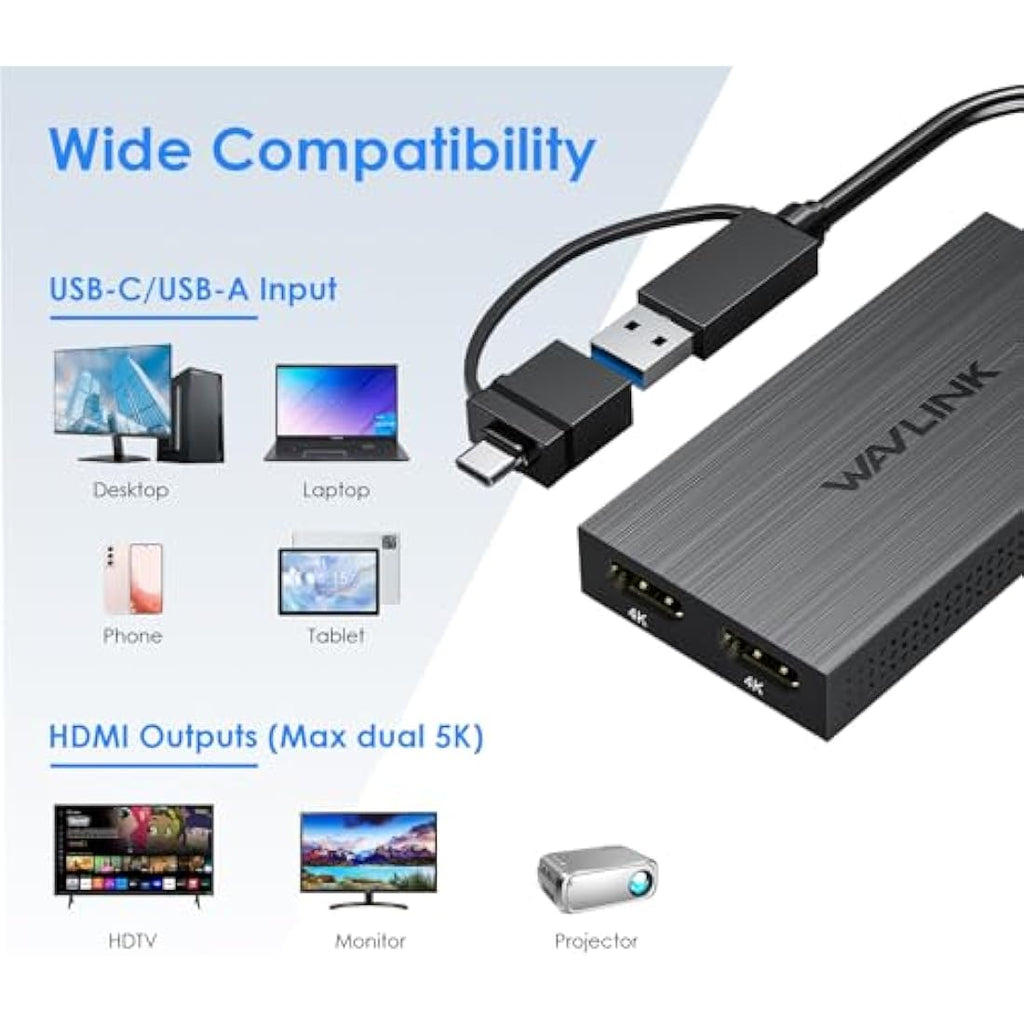 Wavlink USB-C to Dual HDMI Adapter | 4K 60Hz DisplayLink for Mac & Windows
