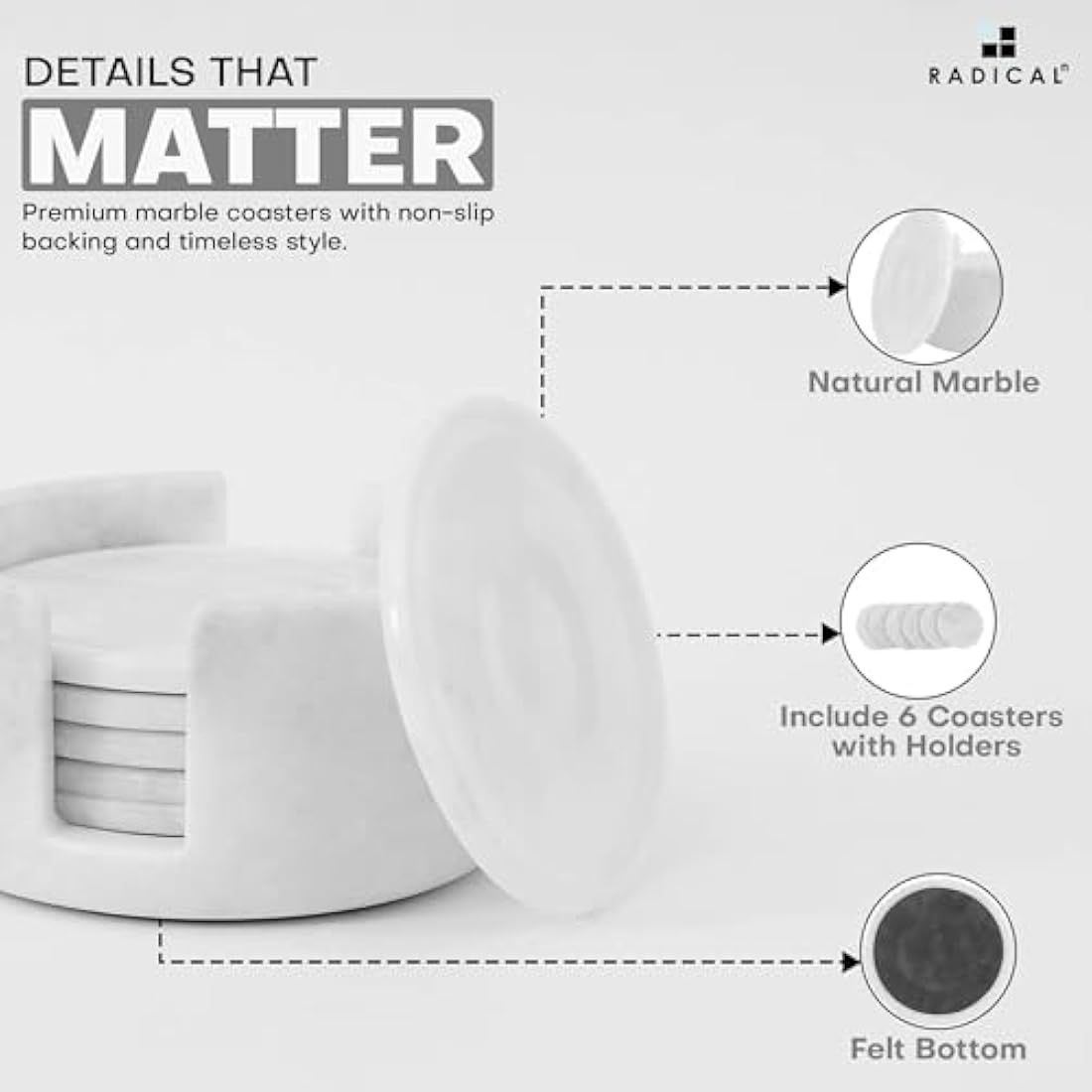 Radicaln White Marble Coasters Set of 6 with Holder – 3.5 Inch Round