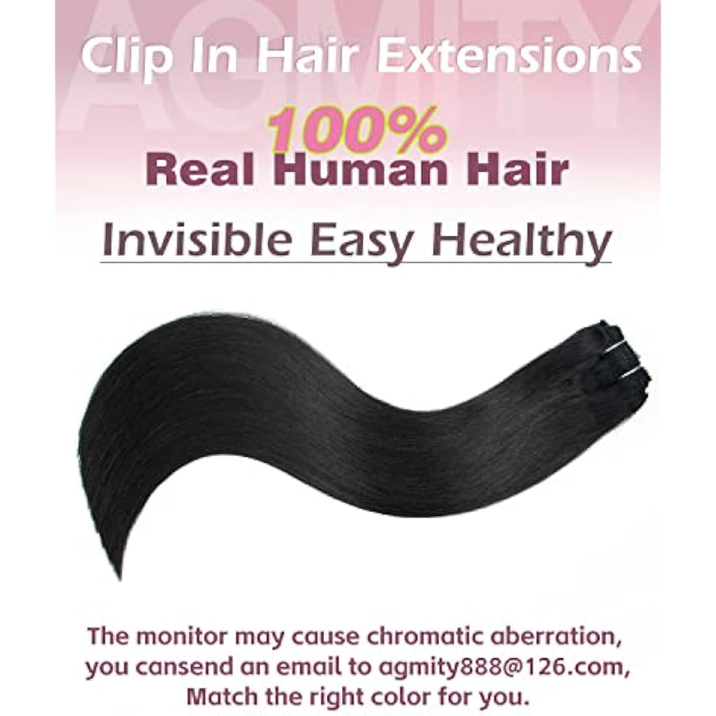AGMITY Jet Black 16 Inch Remy Human Hair Clip In Extensions - 7Pcs