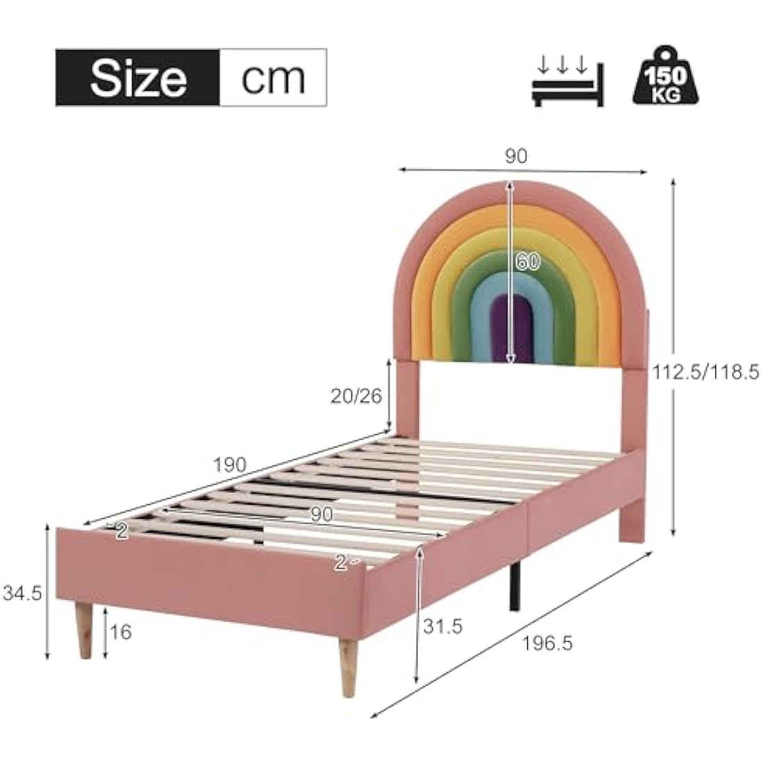 BTM Velvet Single Bed Frame 90x190cm | Adjustable Rainbow Headboard