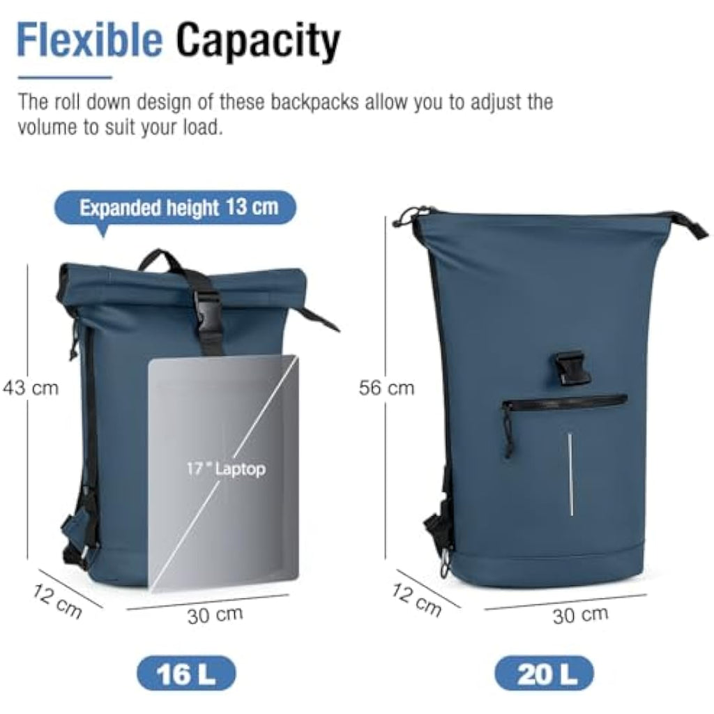 Lekeinchi 17-Inch Waterproof Roll Top Laptop Backpack - Blue