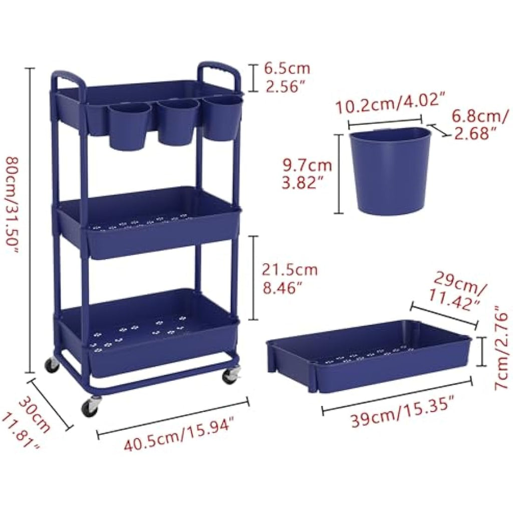 JIUYOTREE 3-Tier Rolling Utility Cart with Hanging Cups & Wheels - Blue