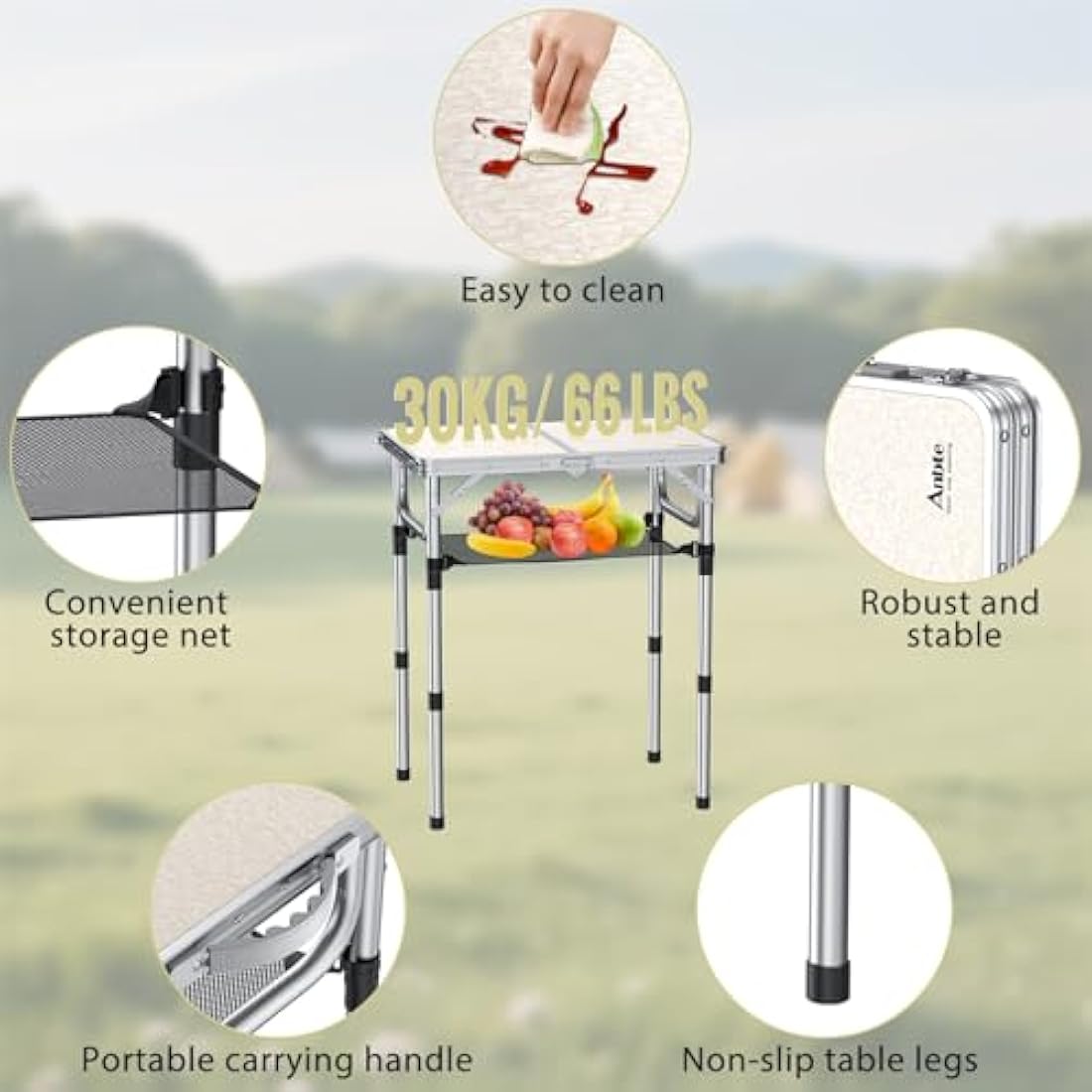Anbte Folding Camping Table | Adjustable Aluminum Table with Storage Net