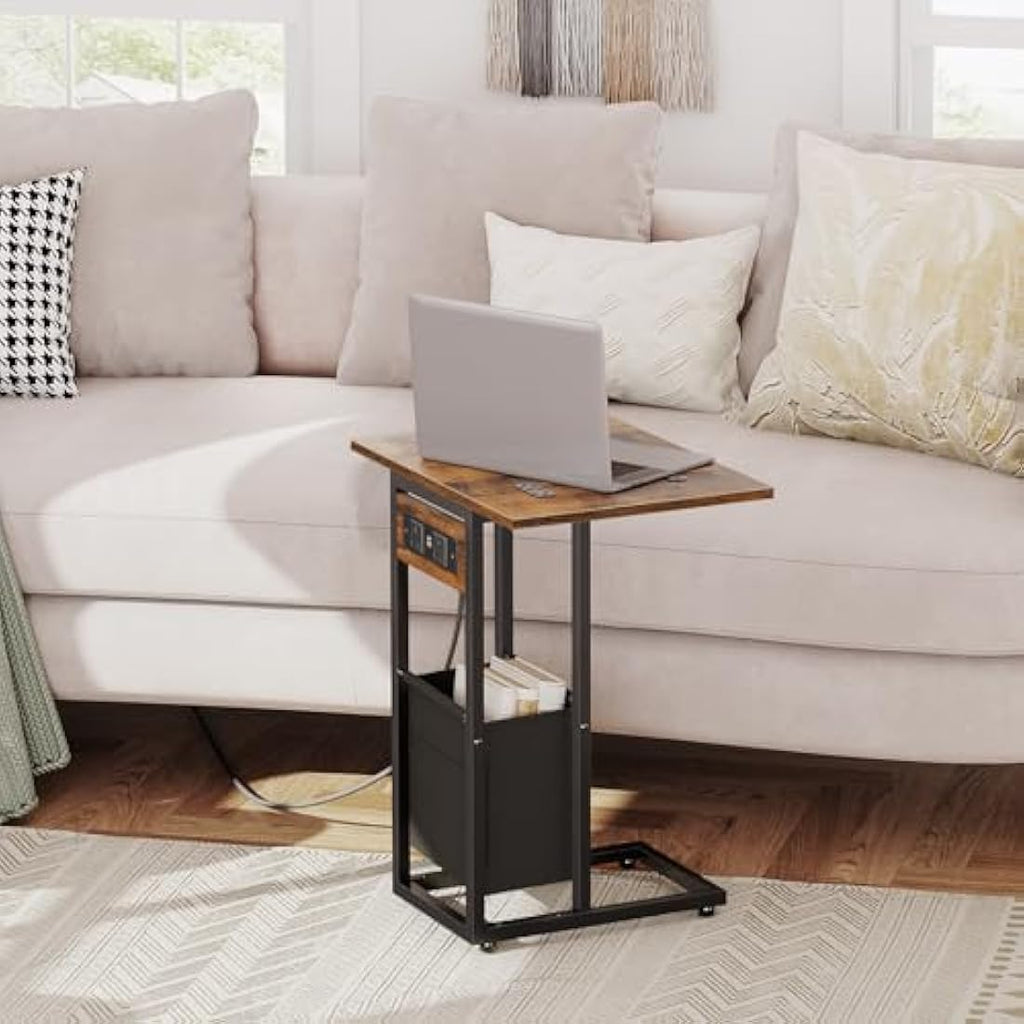 HOOBRO C Shaped Side Table with Charging Station and Foldable Top