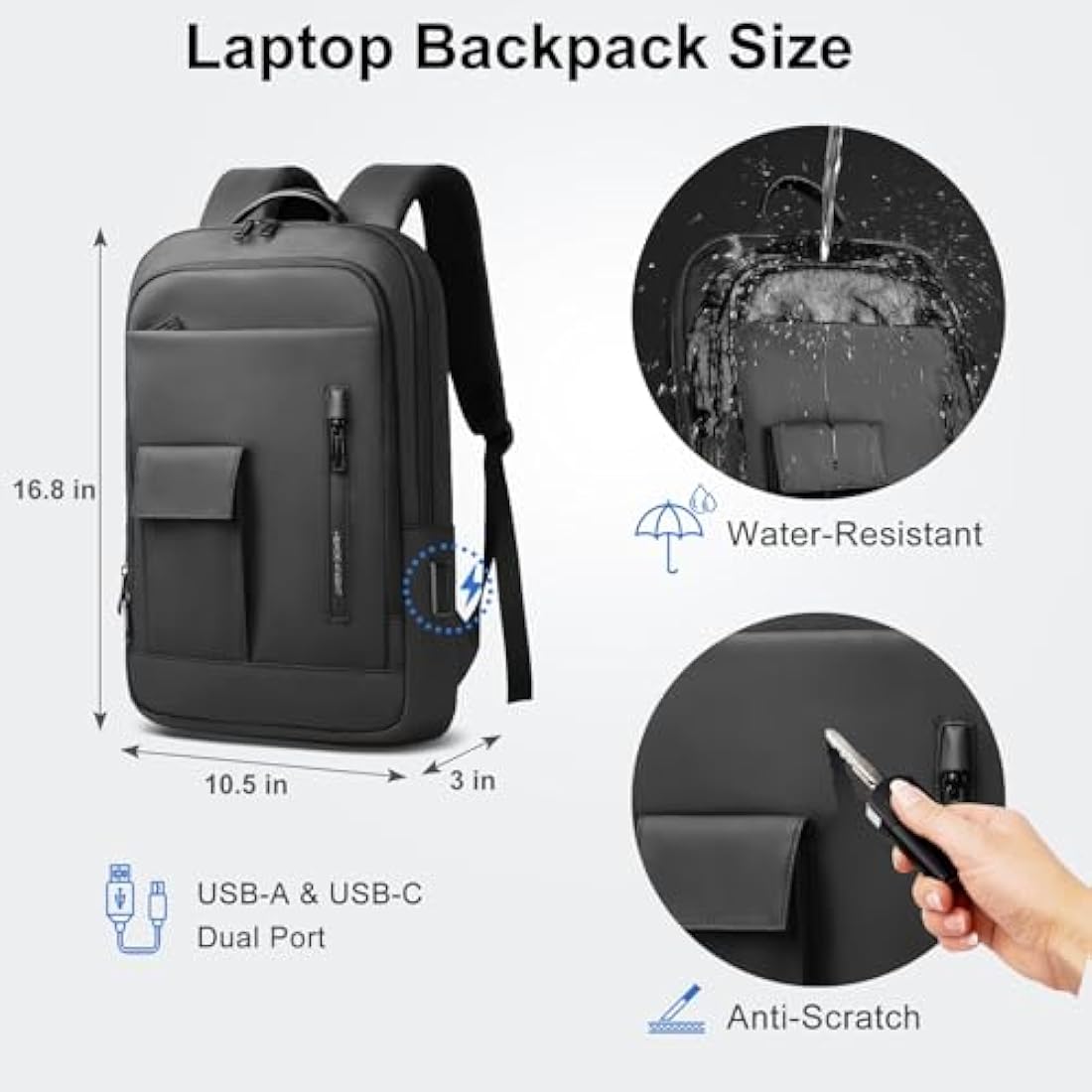 Heroic Knight 15.6" Laptop Backpack | Anti-Theft USB Travel Bag - Black