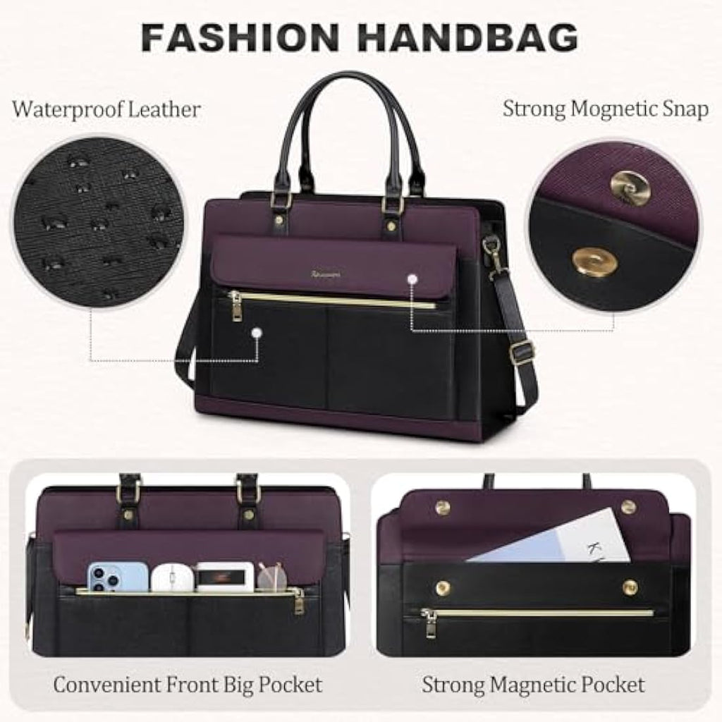 15.6 Inch Laptop Tote Bag – Purple PU Leather Work Handbag