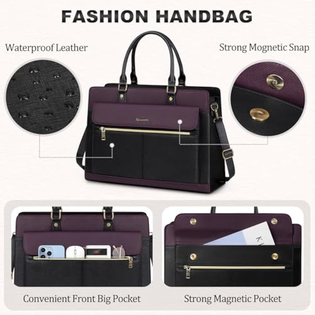 15.6 Inch Laptop Tote Bag – Purple PU Leather Work Handbag
