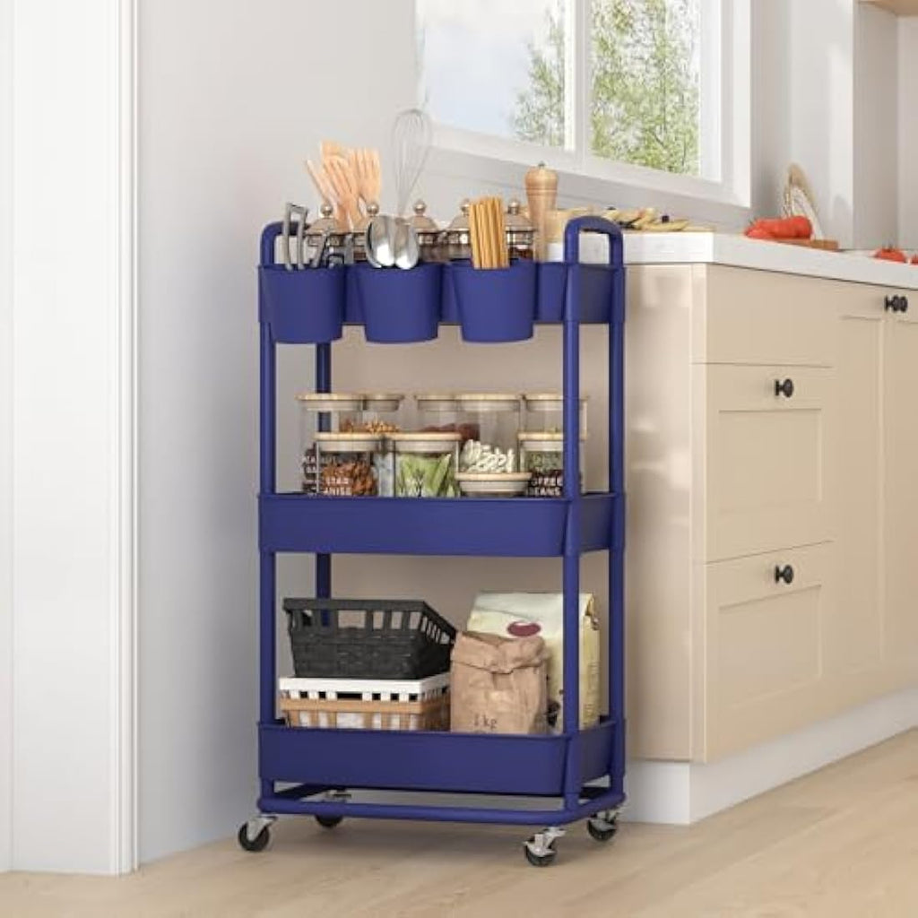 JIUYOTREE 3-Tier Rolling Utility Cart with Hanging Cups & Wheels - Blue
