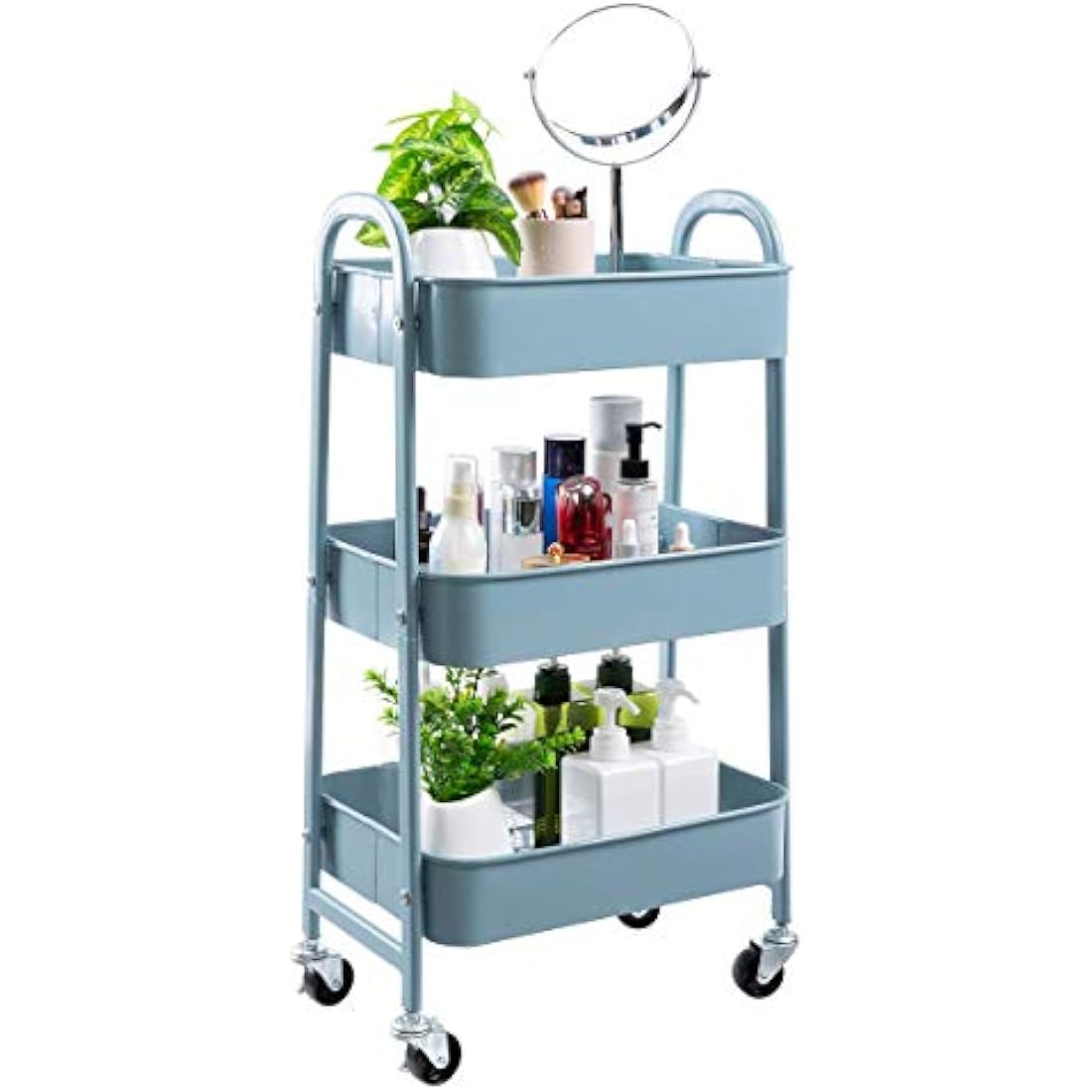 DOEWORKS 3-Tier Metal Rolling Utility Cart – Slim Storage Trolley, Grey-Blue