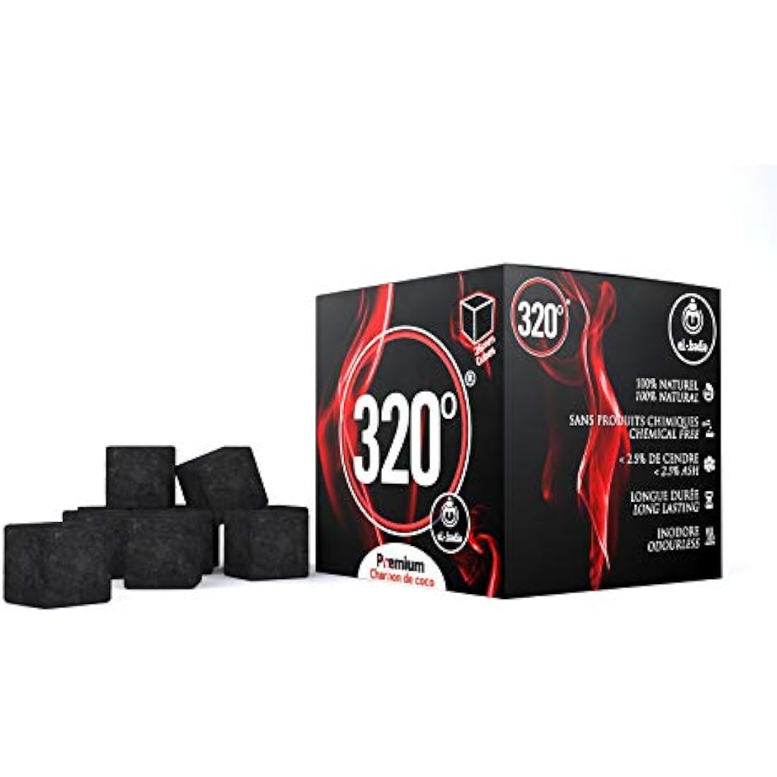 320° Premium Coconut Shisha Charcoal – 26mm Cubes for Hookah & BBQ – 1kg