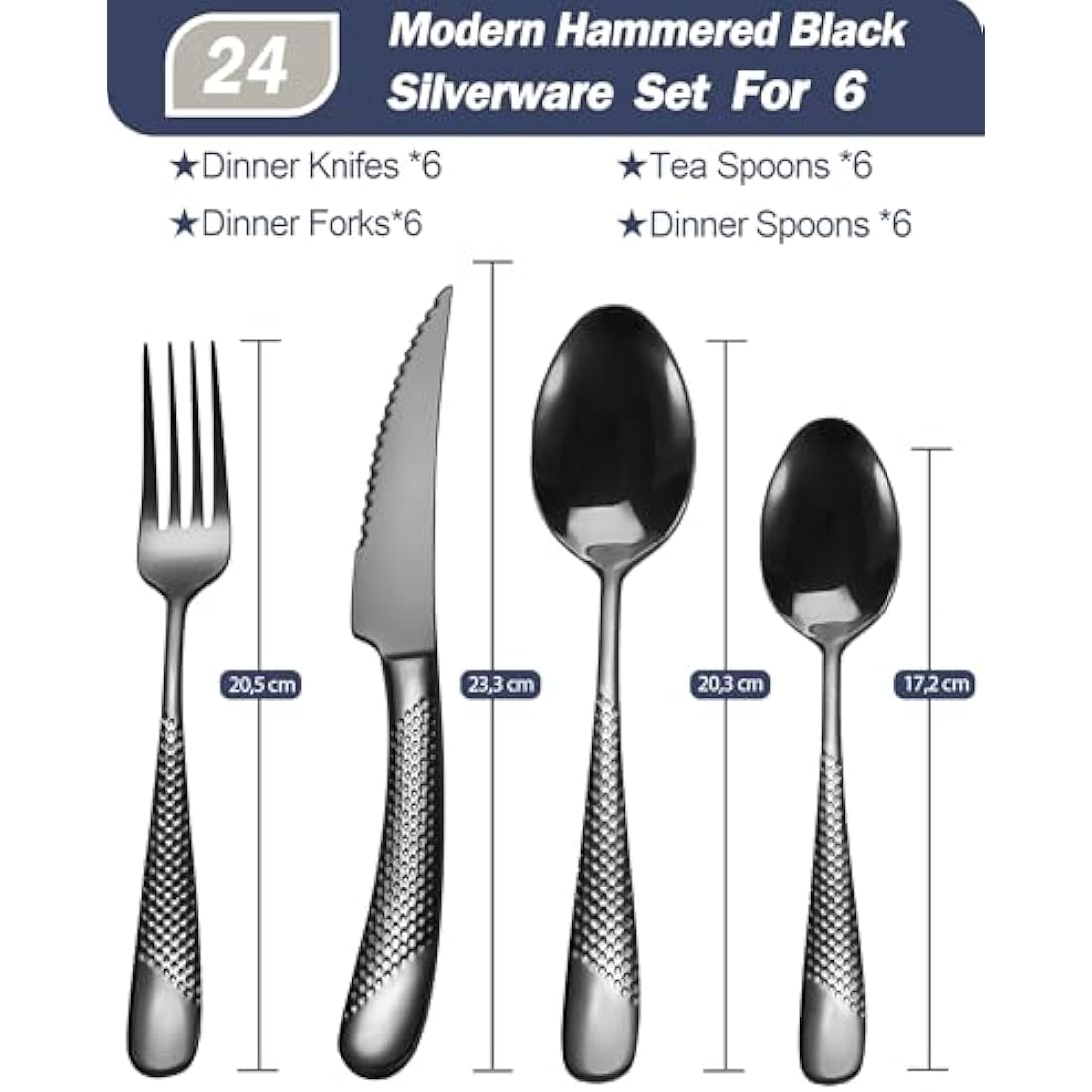 SHEUMNT 24-Piece Black Hammered Silverware Set | 18/10 Stainless Steel