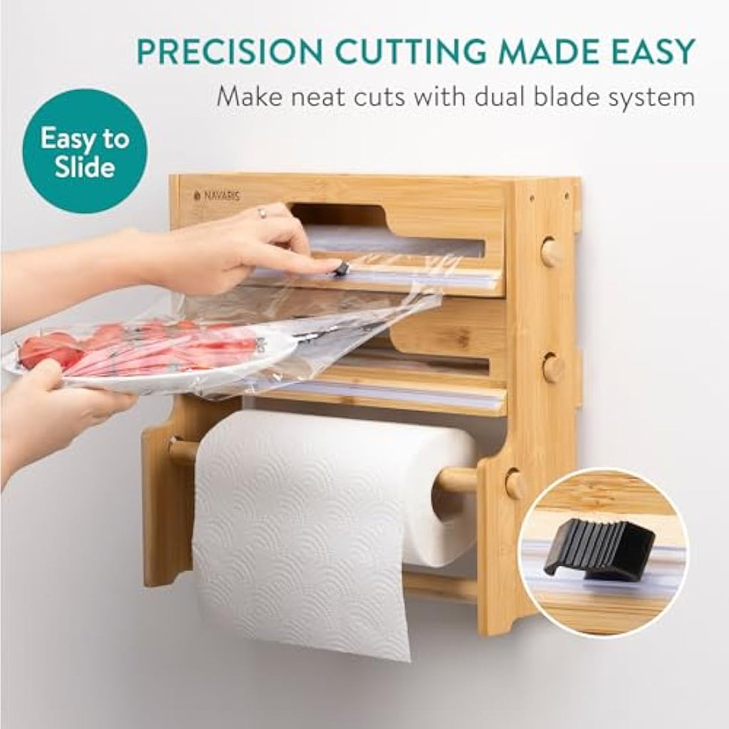 Navaris 3-in-1 Bamboo Cling Film Dispenser & Foil Organiser with Cutter