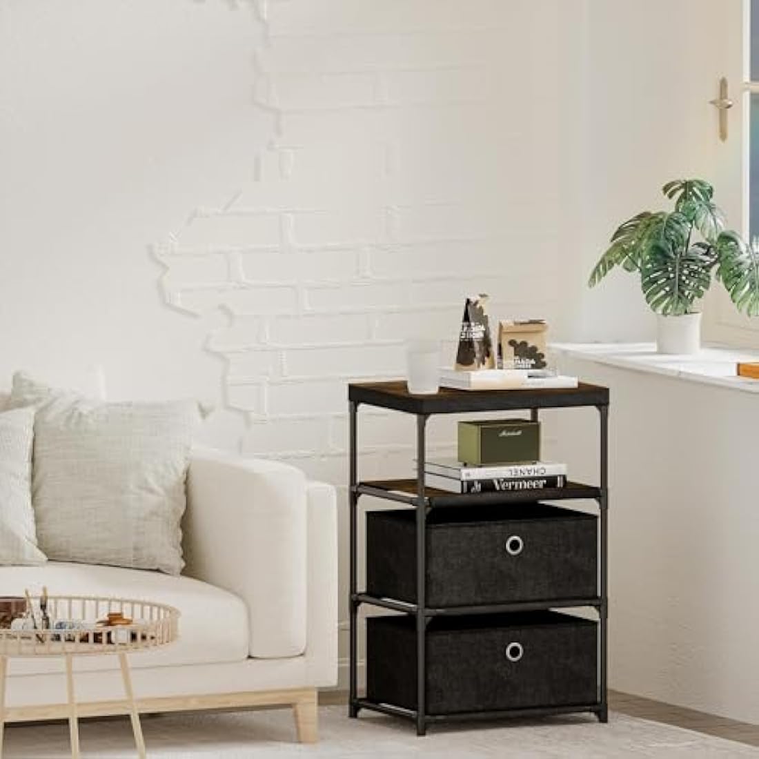 Mutool 4-Tier End Table | Nightstand with Fabric Drawers - Black