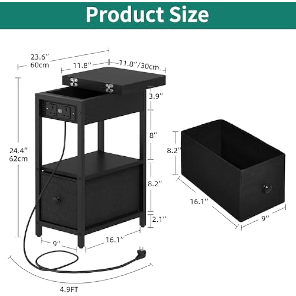 Jolof Store Narrow Side Table with Charging Station – Black Slim End Table